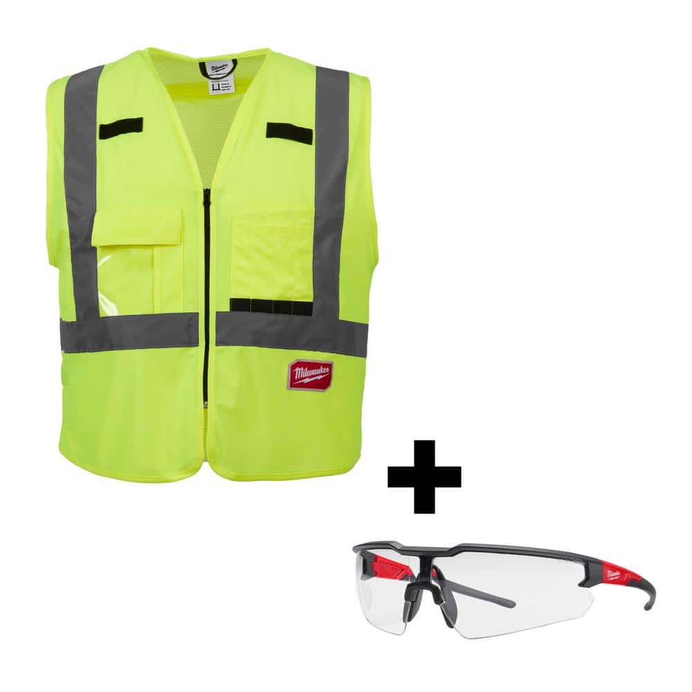 Milwaukee Large/X-Large Yellow Class 2 High Visibility Safety Vest with 10 Pockets w/Clear Safety Glasses Anti-Scratch Lenses