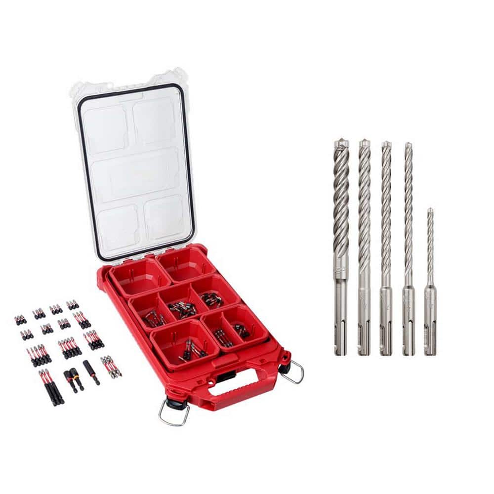 Milwaukee SHOCKWAVE Impact Duty Screw Driver Bit Set W/PACKOUT Case & 4-Cutter SDS-Plus Carbide Hammer Drill Bit Kit (105-Piece)