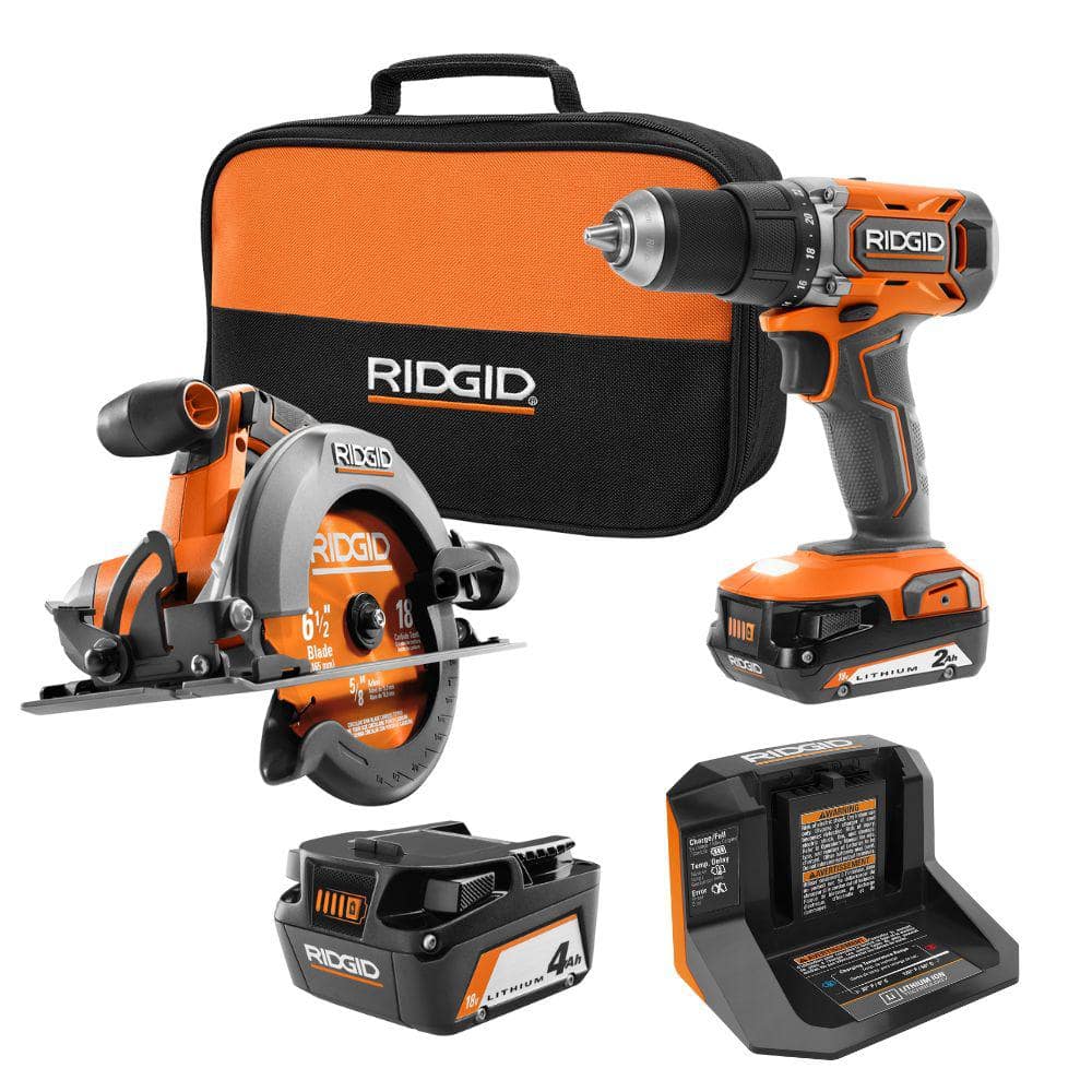 RIDGID 18V Cordless 2-Tool Combo Kit with 2.0 Ah Battery, 4.0 Ah Battery, Charger, and Tool Bag