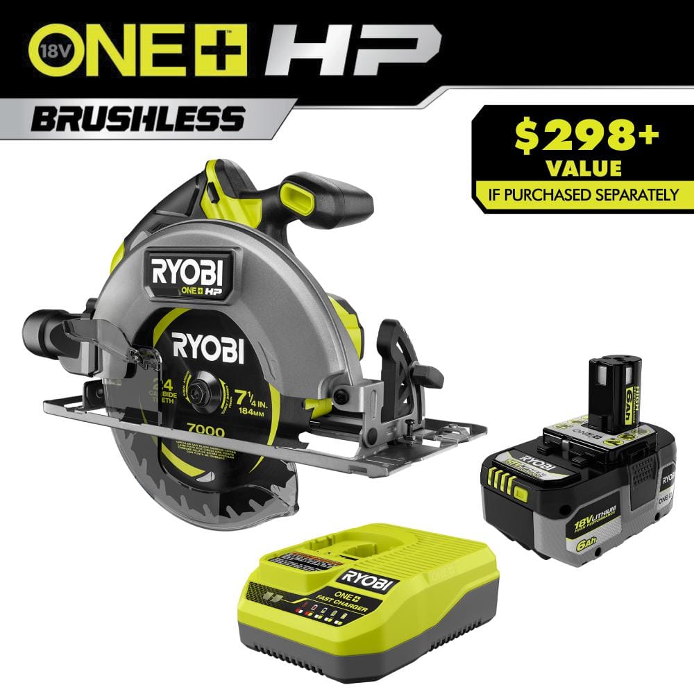 RYOBI ONE+ HP 18V 6.0 Ah Lithium-Ion HIGH PERFORMANCE Battery and Charger Kit with ONE+ HP 18V Brushless 7-1/4 in Circular Saw