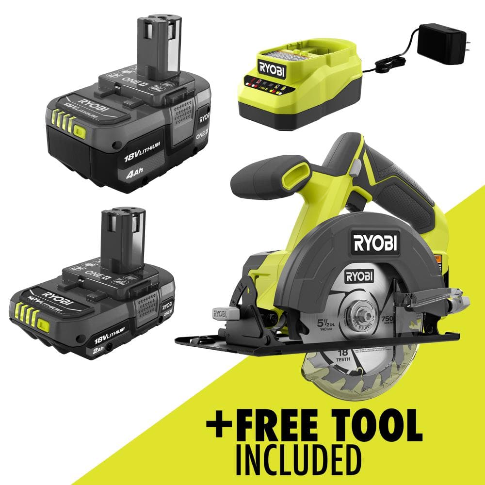 RYOBI ONE+ 18V Lithium-Ion Kit with 2.0 Ah and 4.0 Ah Batteries, Charger, and Free ONE+ 18V Cordless 5-1/2 in. Circular Saw