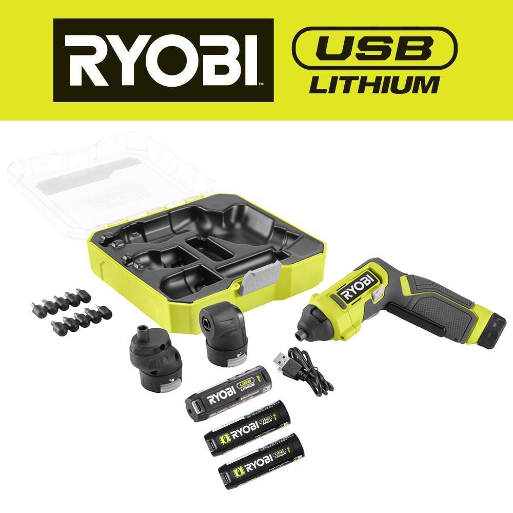 RYOBI USB Lithium Multi-Head Screwdriver with 2.0 Ah Battery and Charging Cable with USB Lithium 3.0 Ah Battery (2-Pack)