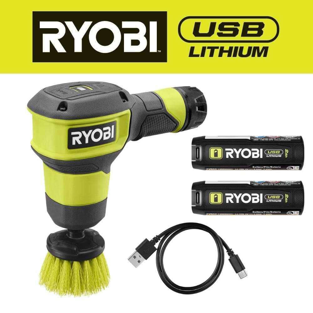 RYOBI USB Lithium Compact Scrubber Kit with 2.0 Ah Battery and USB Charging Cord with USB Lithium 2.0 Ah Lithium Battery