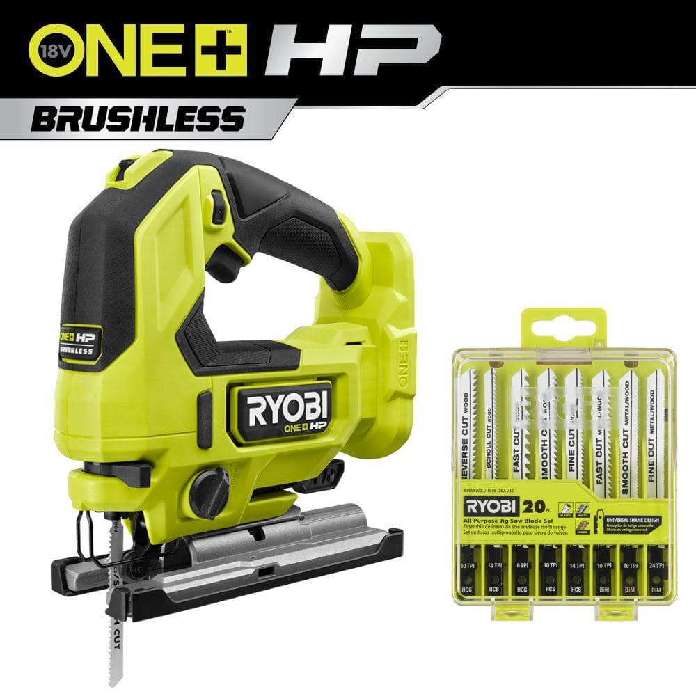RYOBI ONE+ HP 18V Brushless Cordless Jig Saw (Tool Only) with All Purpose Jigsaw Blade Set (20-Piece)
