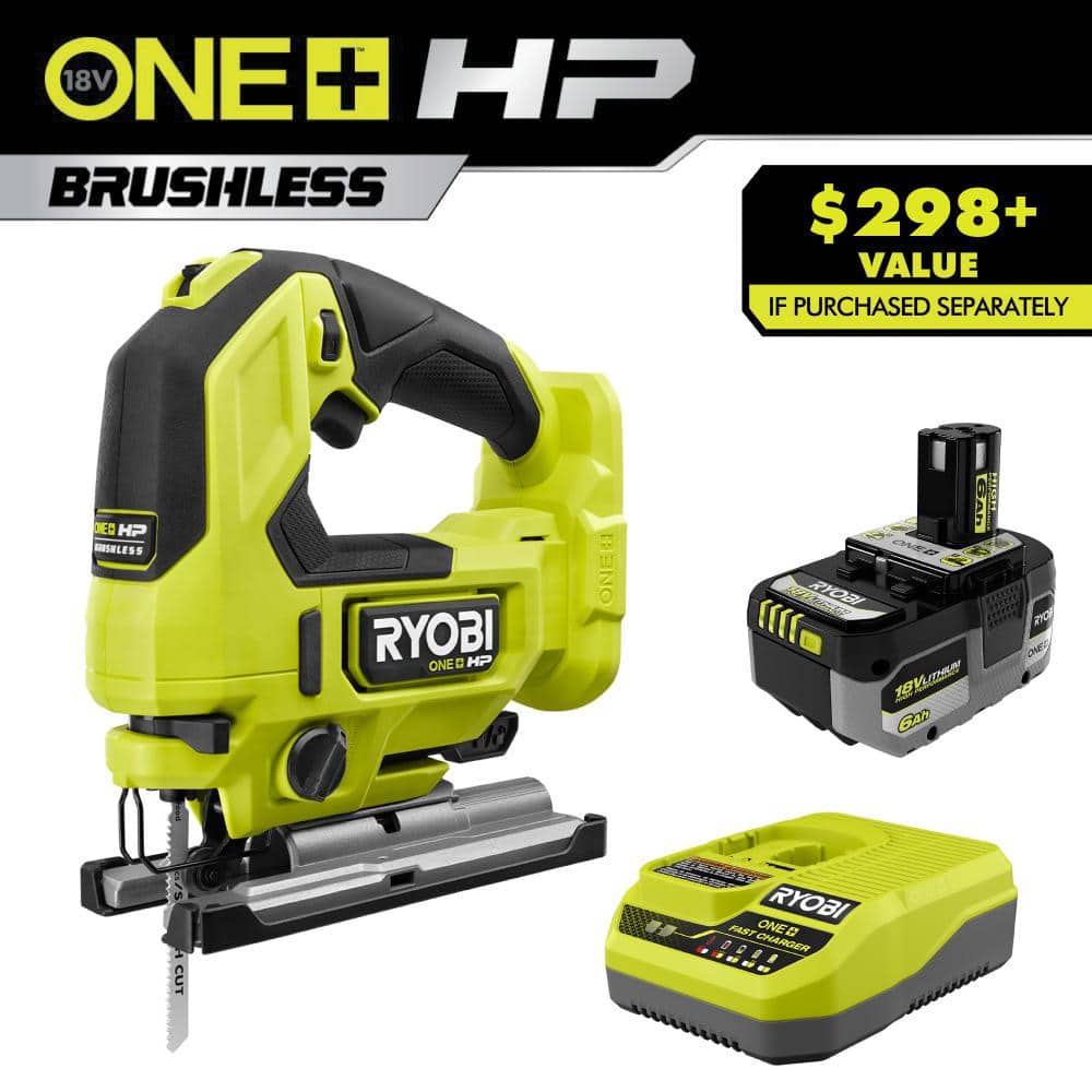 RYOBI ONE+ HP 18V 6.0 Ah Lithium-Ion HIGH PERFORMANCE Battery and Charger Kit with ONE+ HP 18V Brushless Jig Saw