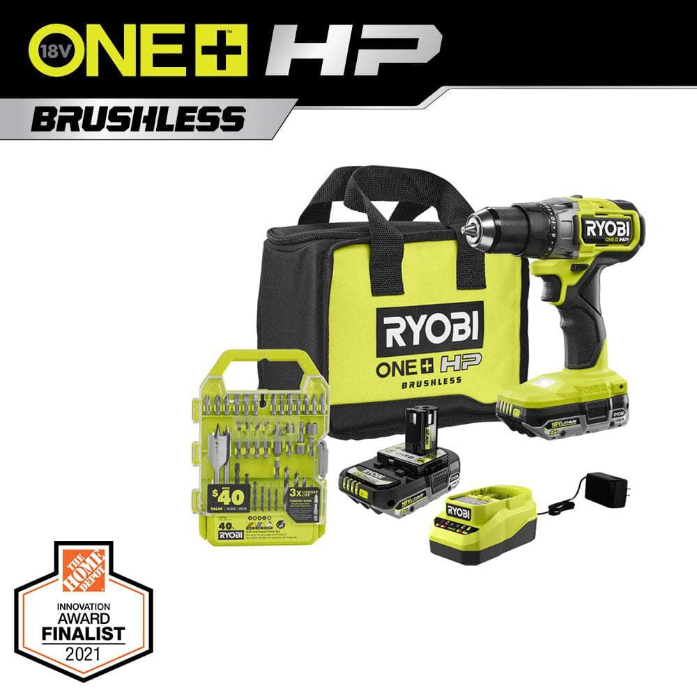RYOBI ONE+ HP 18V Brushless Cordless 1/2 in. Drill/Driver Kit w/(2) Batteries, Charger, Bag, & Drill/Drive Kit (40-Piece)