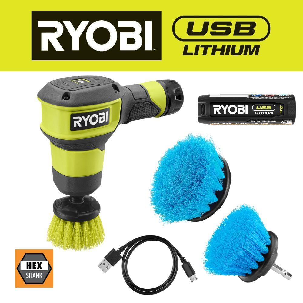 RYOBI USB Lithium Compact Scrubber Kit with 2.0 Ah Battery, and USB Charging Cord w/ Medium and Soft Bristle Brushes