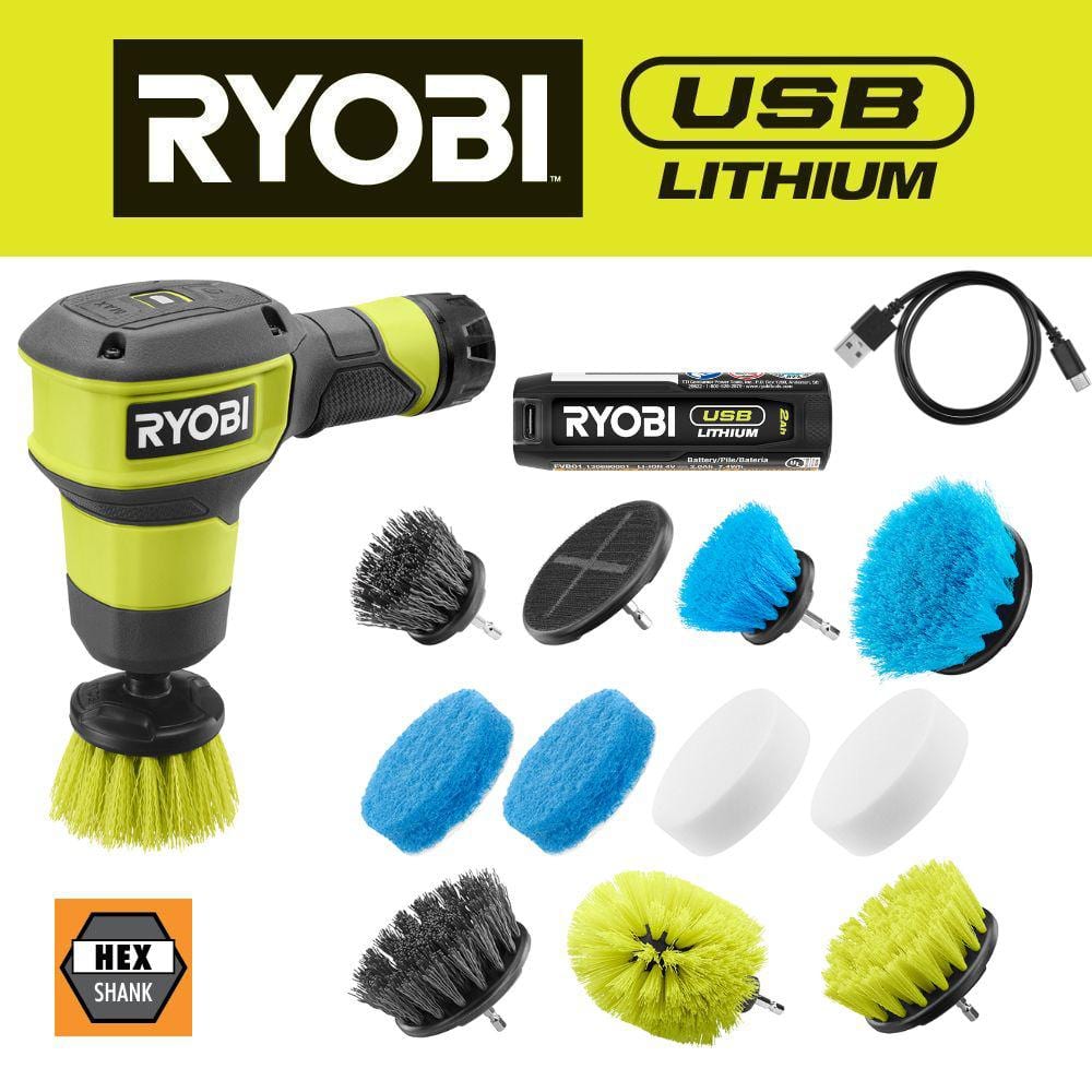 RYOBI USB Lithium Compact Scrubber Kit with Battery, Charging Cord, Medium Bristle Brush, & Scrubber Accessory Kit (11-Piece)