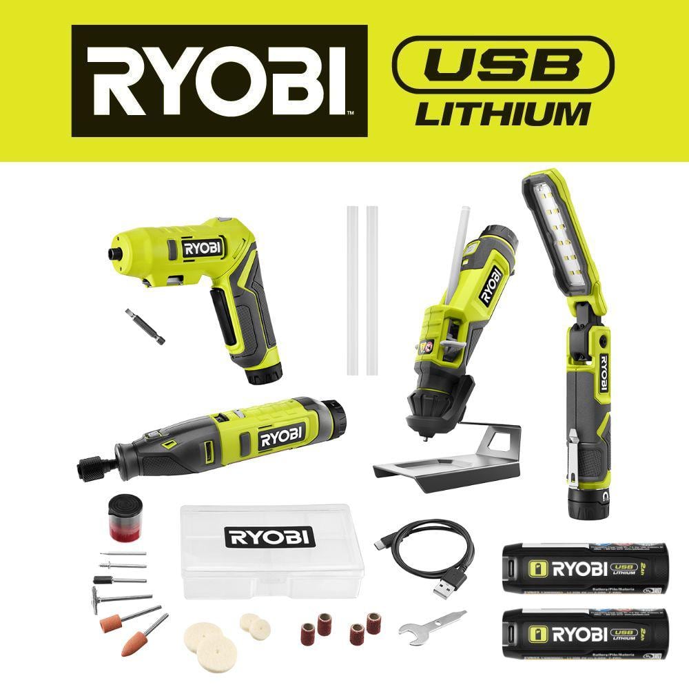 RYOBI USB Lithium Project Kit with Rotary Tool, Inspection Light, Screwdriver, Glue Pen, (2) 2 Ah Batteries, & Charging Cable