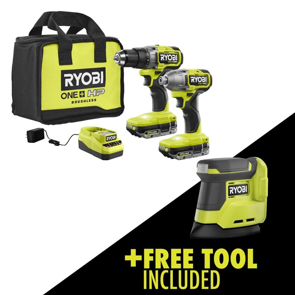 RYOBI ONE+ HP 18V Brushless Cordless 2-Tool Combo Kit w/(2) 2.0 Ah Batteries, Charger, Bag, and FREE Corner Cat Finish Sander
