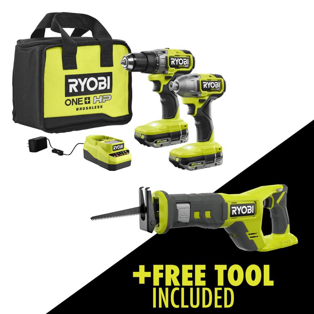 RYOBI ONE+ HP 18V Brushless Cordless 2-Tool Combo Kit w/(2) 2.0 Ah Batteries, Charger, Bag, & FREE Cordless Reciprocating Saw