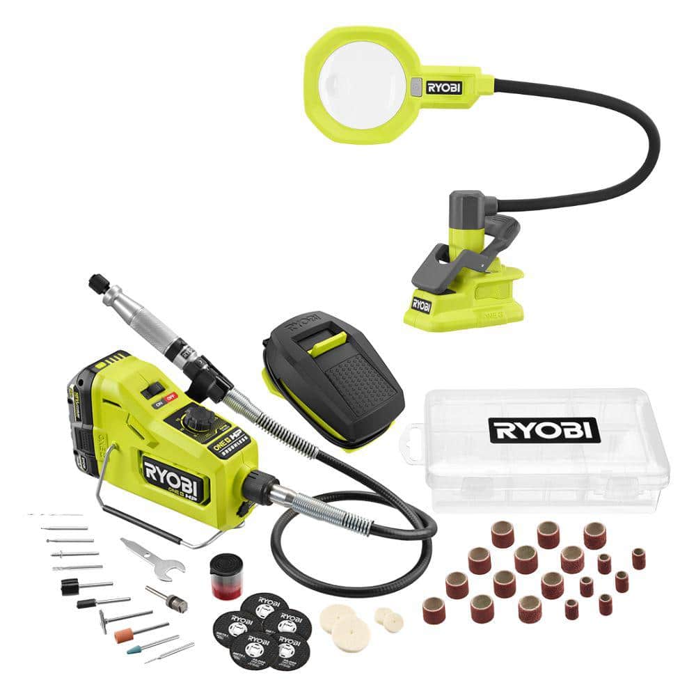 RYOBI ONE+ 18V Cordless 2-Tool Combo Kit w/ ONE+ HP Brushless Rotary Tool, Cordless Magnifying Clamp Light, Battery & Charger