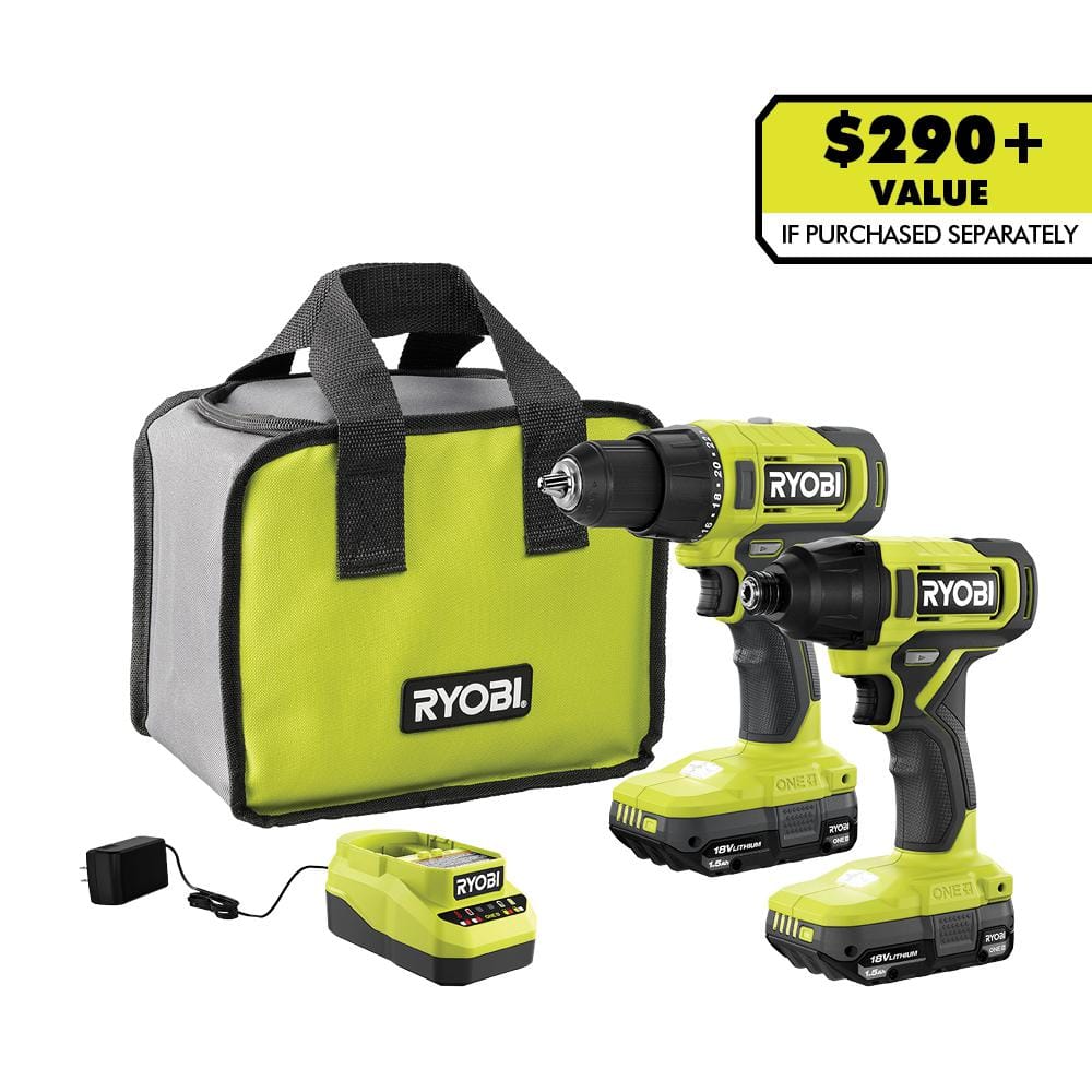 RYOBI ONE+ 18V Cordless 2-Tool Combo Kit with Drill/Driver, Impact Driver, (2) 1.5 Ah Batteries, and Charger