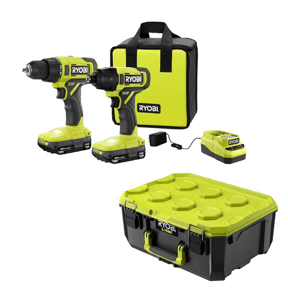 RYOBI ONE+ 18V Cordless 2-Tool Combo Kit w/ Drill/Driver, Impact Driver, (2) 1.5 Ah Batteries, Charger & LINK Medium Tool Box