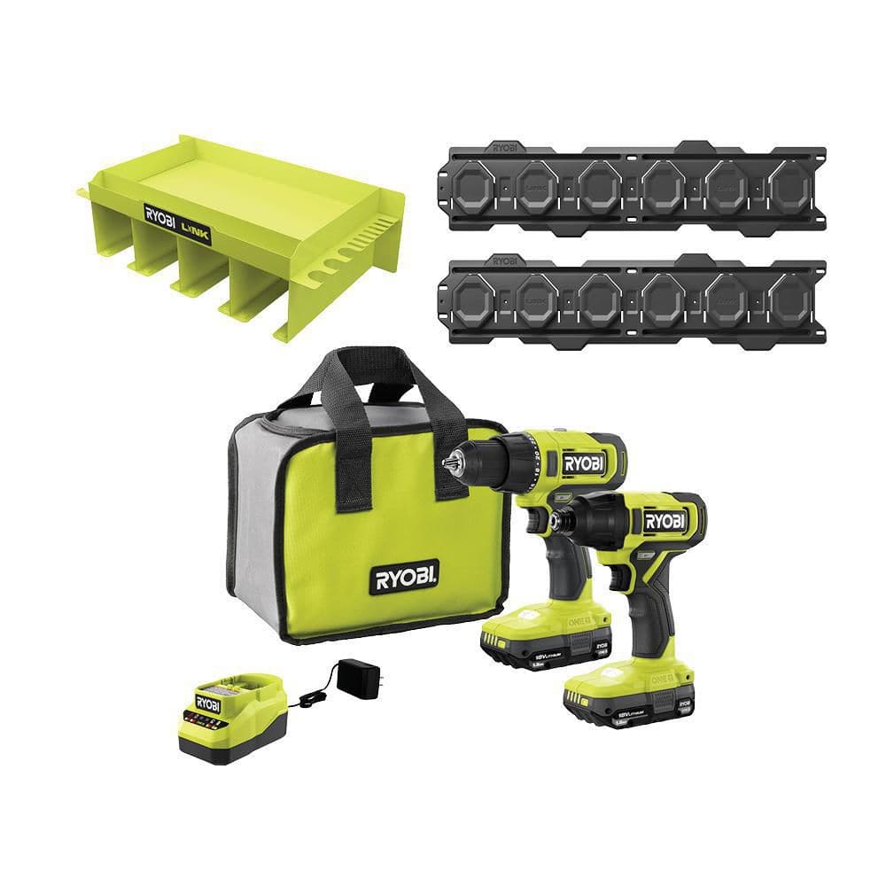 RYOBI ONE+ 18V Cordless 2-Tool Combo Kit w/ Drill/Driver, Impact Driver, Batteries, Charger, LINK Organizer Shelf & Wall Rails