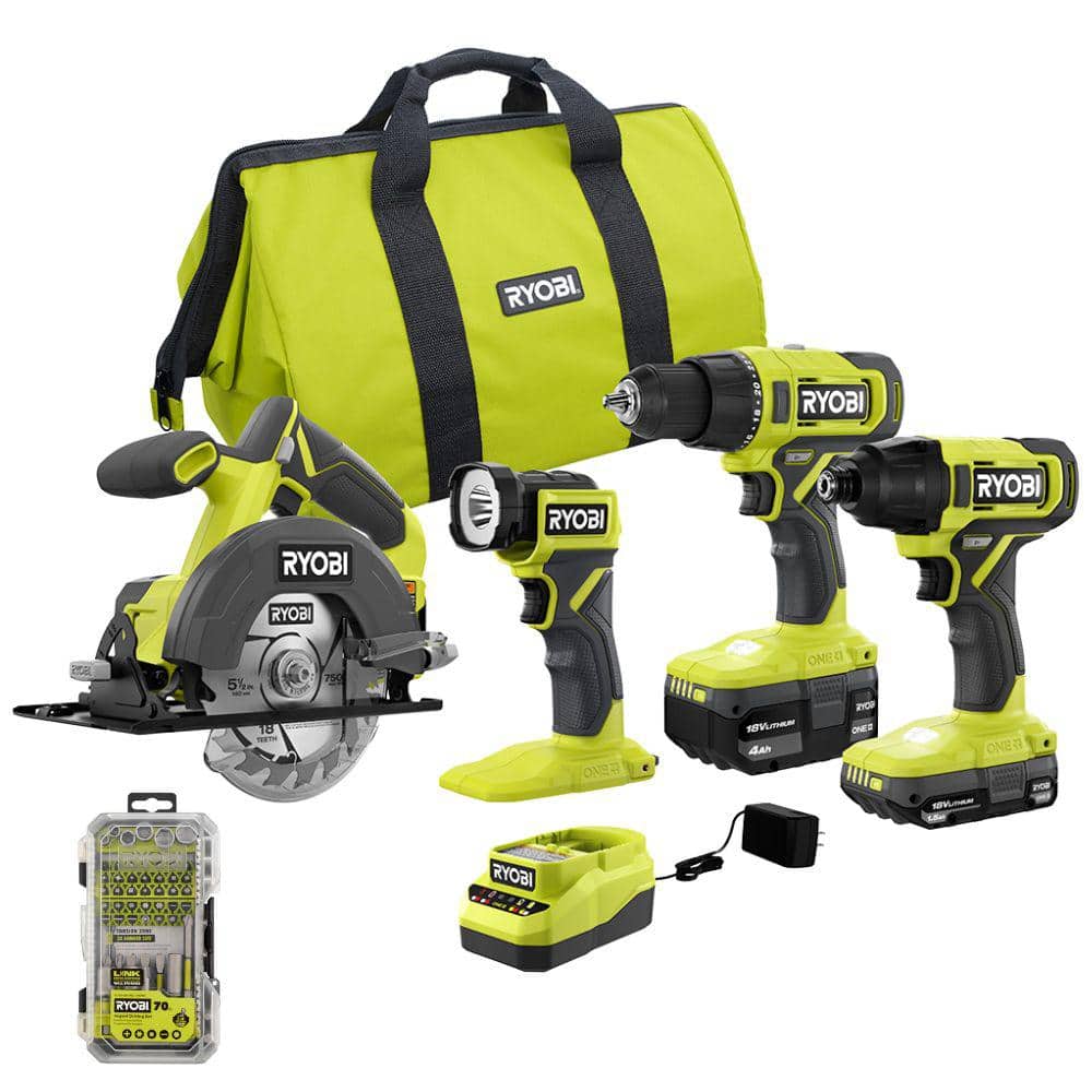 RYOBI ONE+ 18V Cordless 4-Tool Combo Kit with 1.5 Ah Battery, 4.0 Ah Battery, Charger, and 70-Piece Impact Driving Set
