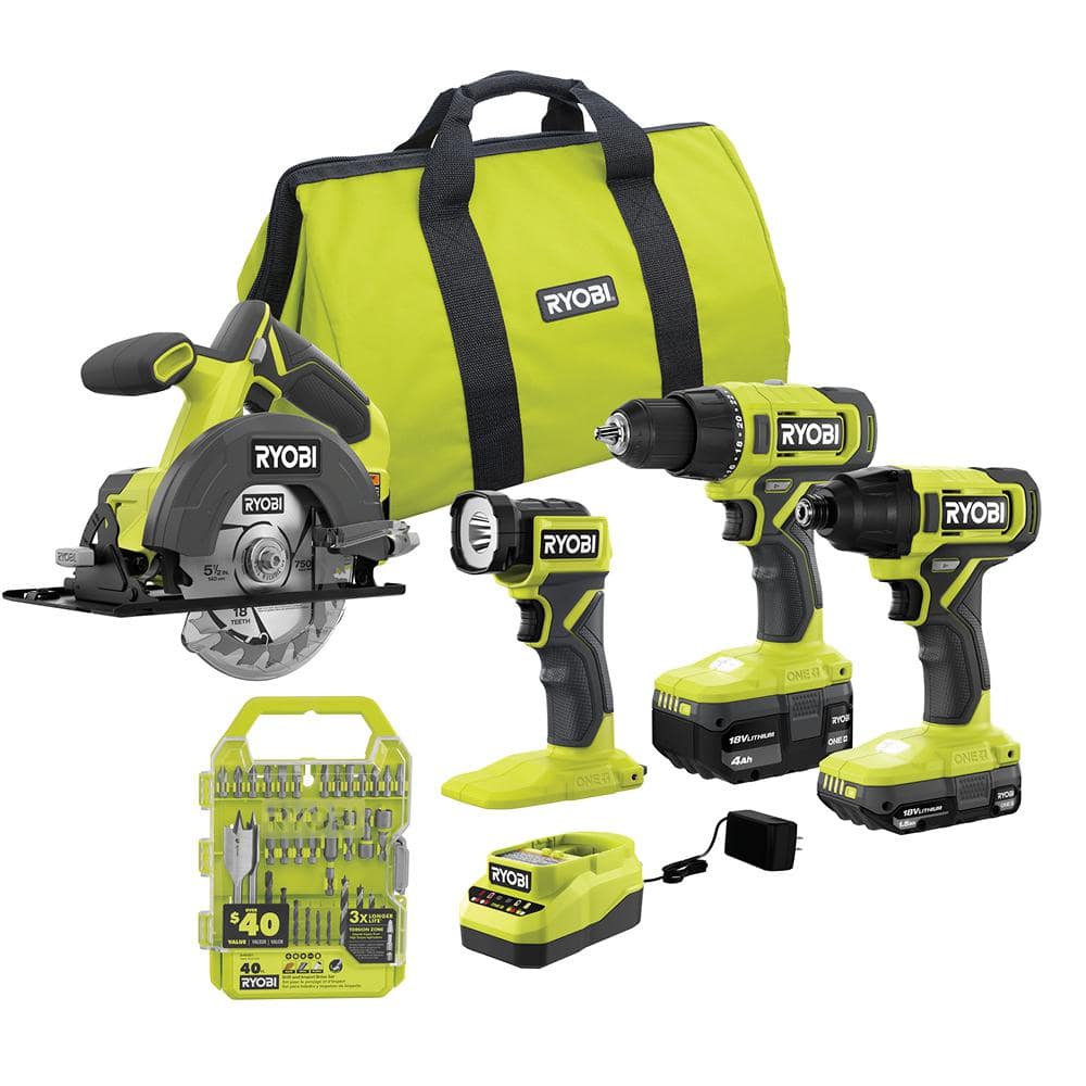 RYOBI ONE+ 18V Cordless 4-Tool Combo Kit w/ 1.5 Ah and 4.0 Ah Batteries, Charger, & 40-Piece Drill and Drive Impact Rated Kit