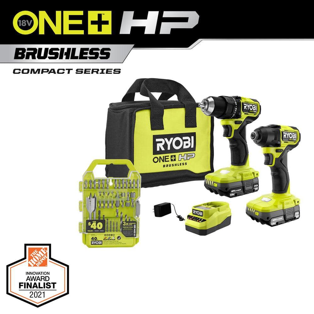 RYOBI ONE+ HP 18V Brushless Cordless Compact 2-Tool Combo Kit w/Drill, Impact Driver, Batteries, Charger, Bag, & 40PC Bit Set