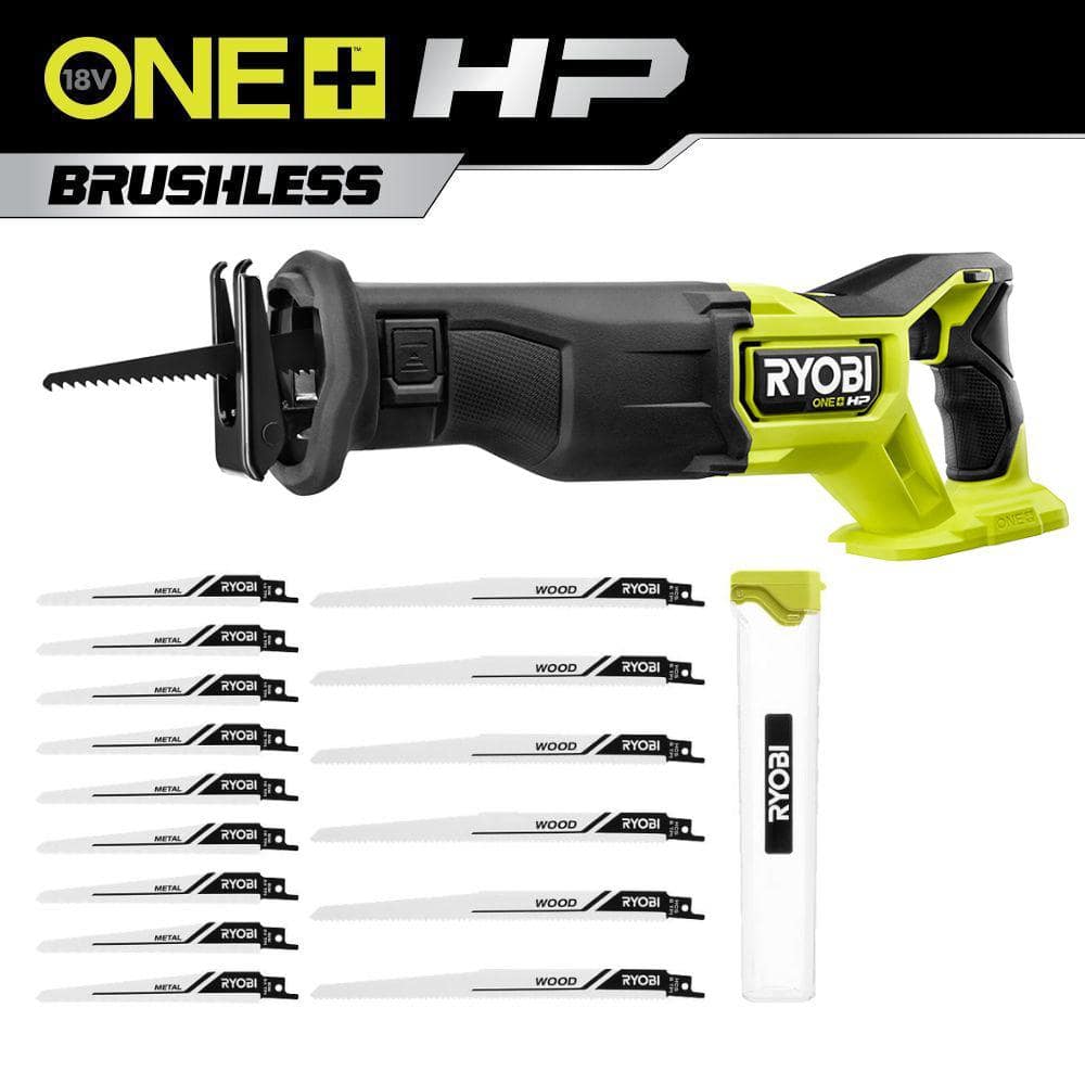 RYOBI ONE+ HP 18V Brushless Cordless Reciprocating Saw (Tool Only) with Reciprocating Saw Blade Set (15-Piece)