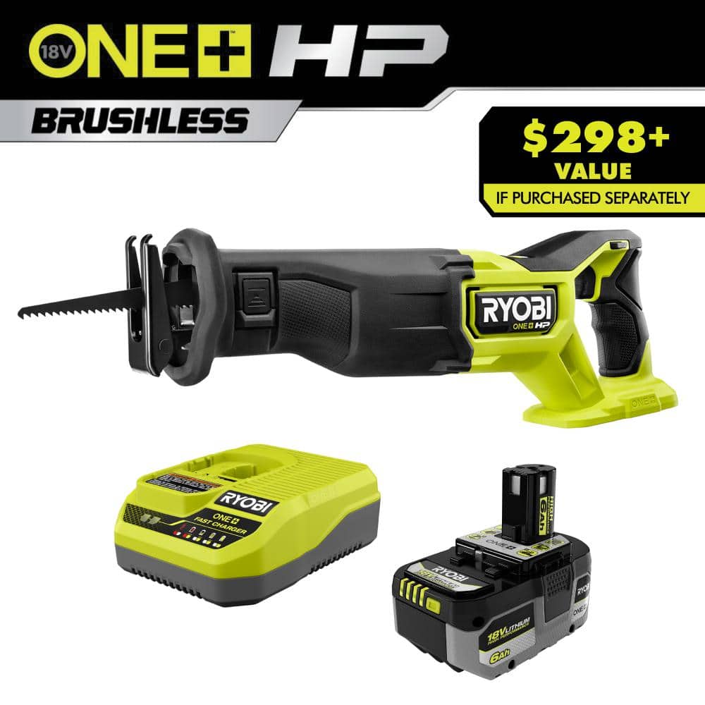 RYOBI ONE+ HP 18V 6.0 Ah Lithium-Ion HIGH PERFORMANCE Battery and Charger Kit with ONE+ HP 18V Brushless Reciprocating Saw