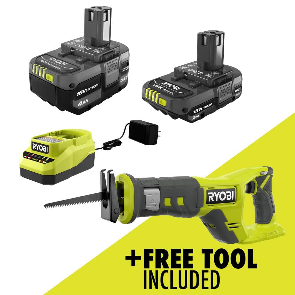 RYOBI ONE+ 18V Lithium-Ion Kit with 2.0 Ah and 4.0 Ah Batteries, Charger, and Free ONE+ 18V Cordless Reciprocating Saw