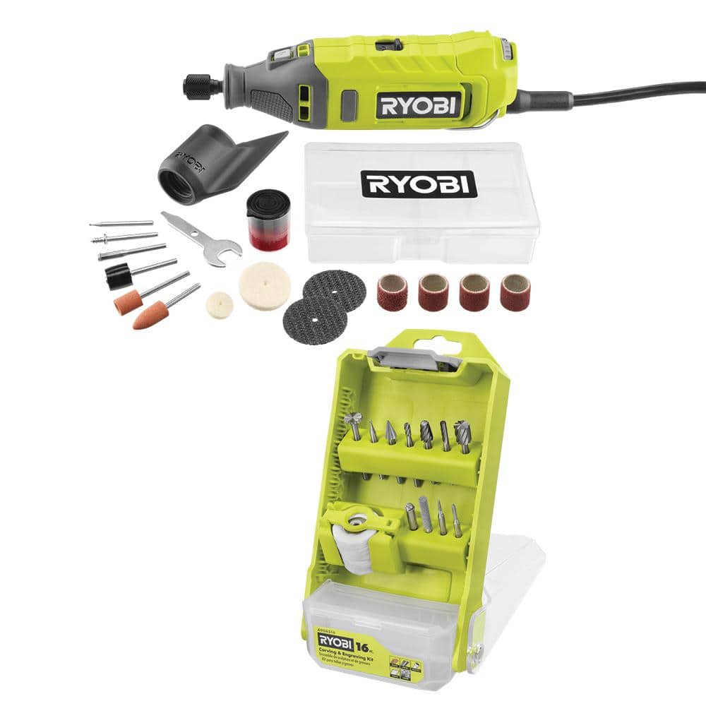 RYOBI 1.2 Amp Corded Rotary Tool with Rotary Tool 16-Piece Carving & Engraving Kit (For Wood, Metal, Plastic, Glass and Stone)