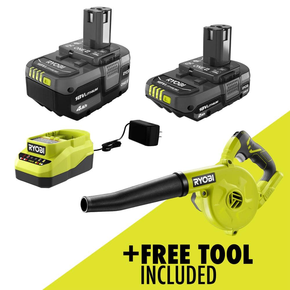 RYOBI ONE+ 18V Lithium-Ion Kit with 2.0 Ah and 4.0 Ah Batteries, Charger, and Free ONE+ 18V Cordless Compact Workshop Blower