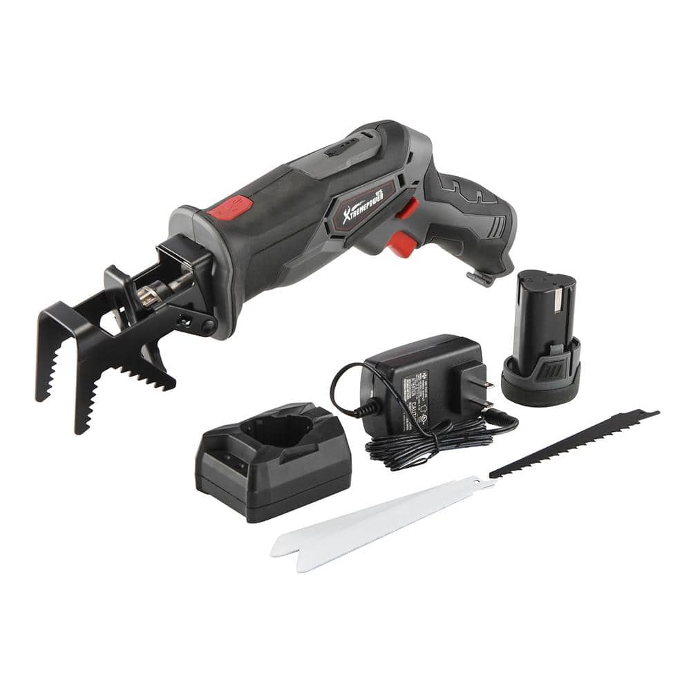 XtremepowerUS 12-Volt Variable Speed Cordless Reciprocating Saw Clamping Jaw 2.0A h Li-Ion Battery with 3 Saw Blades